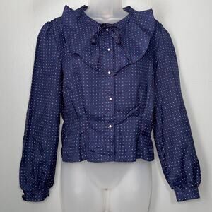 Vintage Eber Blouse Size Large Navy Blue Red White Polka Dot Secretary Twee Top